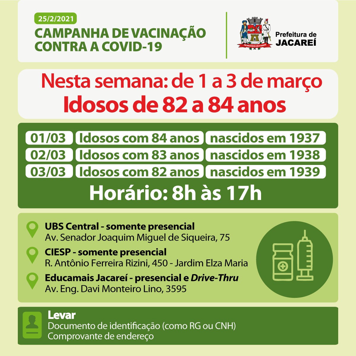 Com a chegada de mais 1.920 doses da vacina contra Covid-19, Jacareí inicia vacinação de idosos entre 82 e 84 anos