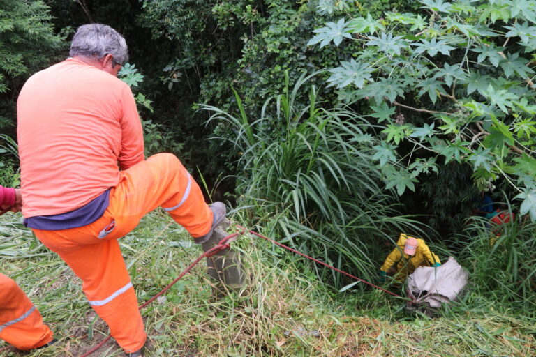 Equipes da Prefeitura de Jacareí utilizam técnicas de rapel na limpeza do Córrego do Tanquinho