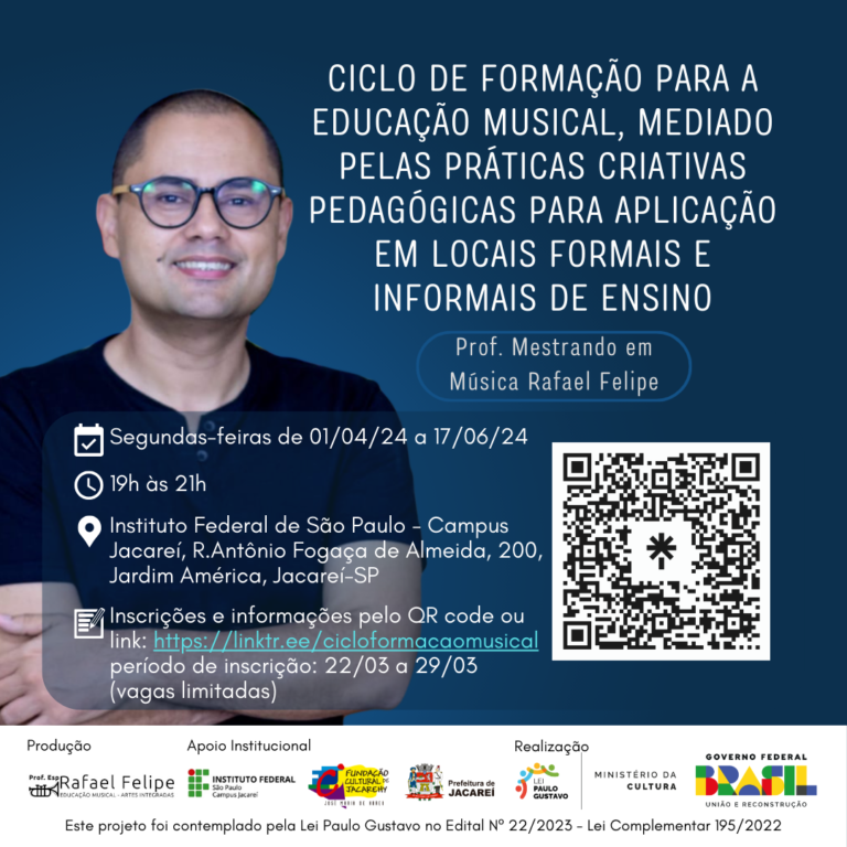 Curso gratuito de formação pedagógica musical tem inscrições abertas em Jacareí